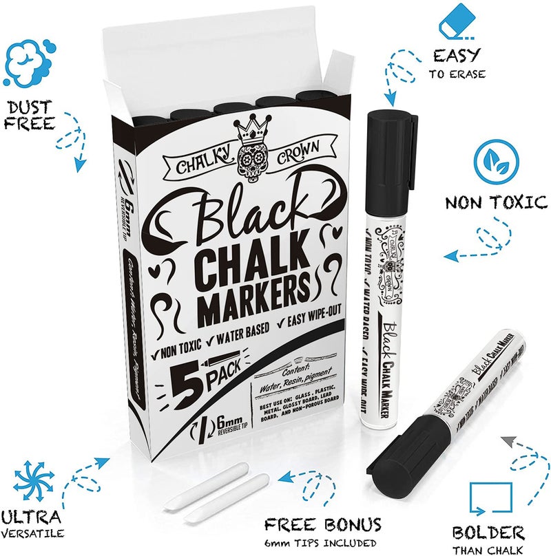 CHALKY CROWN قلم ماركر سائل تشالكي كراون - قلم مسح جاف - أقلام طباشير لعلامات السبورة، النوافذ، السبورة السوداء، الزجاج - طرف قابل للعكس 6 مم (أسود، 5 عبوات) - Image 2
